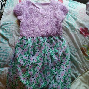 Girls purple rose and tropical floral print dress